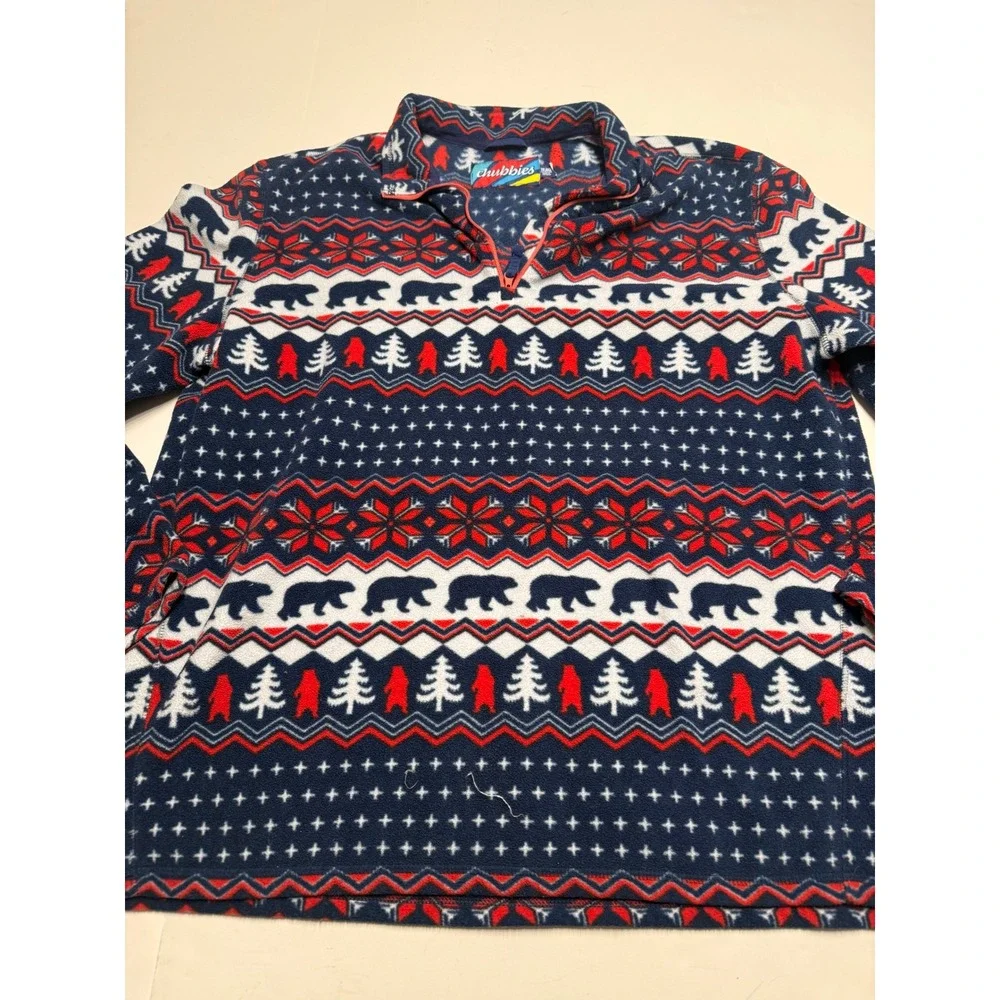 Chubbies Mens XXL Fleece Quarter Zip Pullover Bear Fair Isle Navy Red White